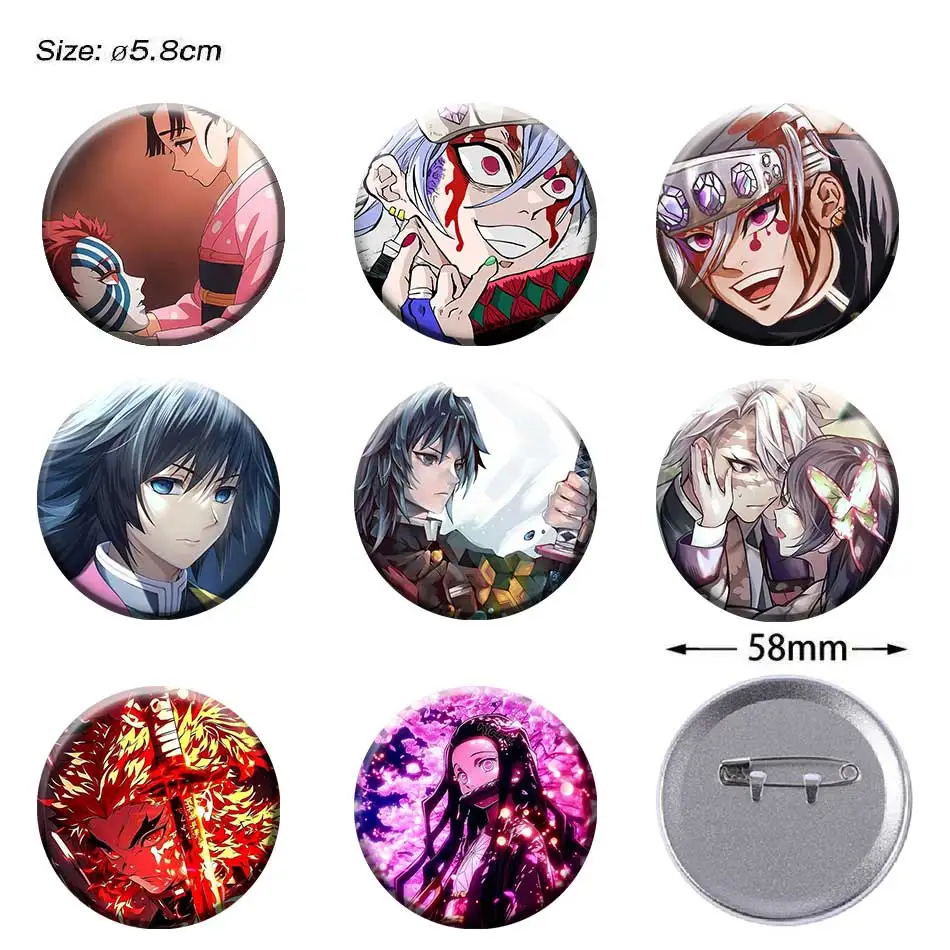 

Значки-броши Demon Slayer 58 мм для одежды, головных уборов, рюкзаков, косплея, декора, коллекционирования, аниме-аксессуары, игрушки, подарки