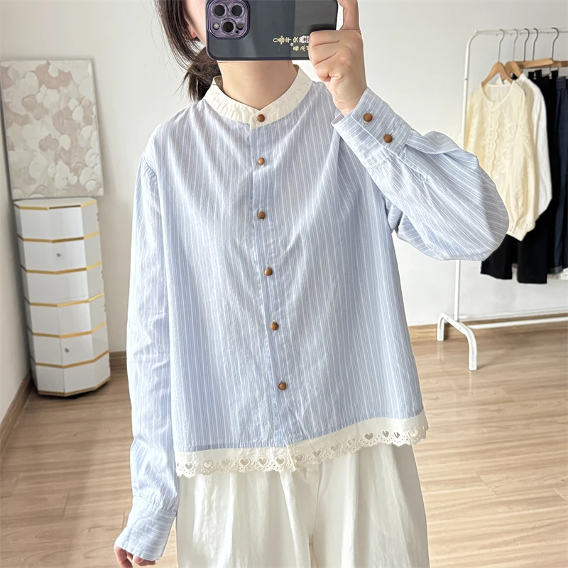 Branco gola alta retalhos camisa listrada azul para mulheres amor oco para fora bordado rendas soltas camisas de algodão de manga curta