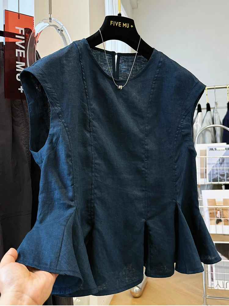 Colete anti-envelhecimento de algodão puro para mulheres em cor azul real verão high-end luxo algodão topo senhoras irt