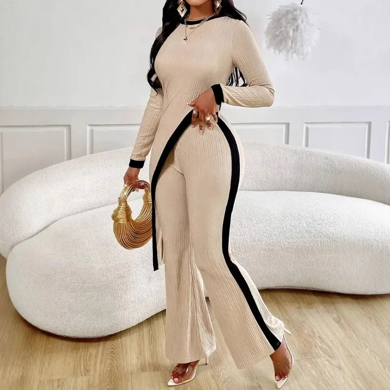 

2025 Autumn New Women's Clothing Fashion Long-sleeved Contrasting Side Split T-shirt + Splicing Trousers Set