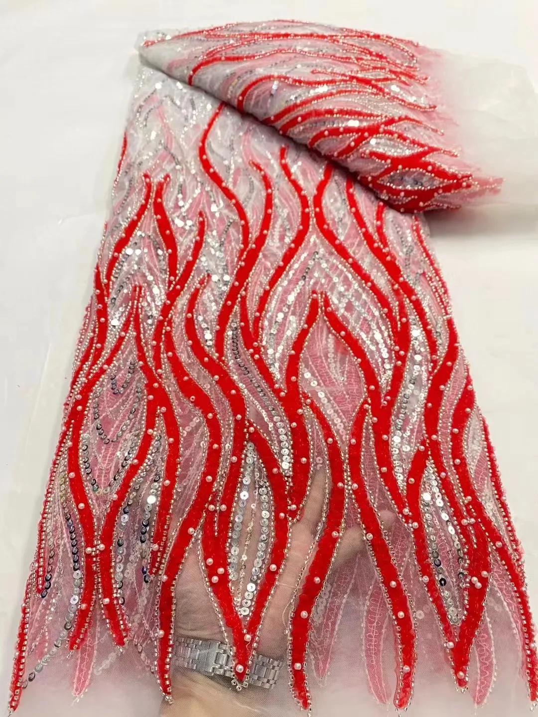 

RED African Sequins Lace Fabric 2024 High Quality Lace Beaded Material French Nigerian Net Lace Fabrics For Women Party