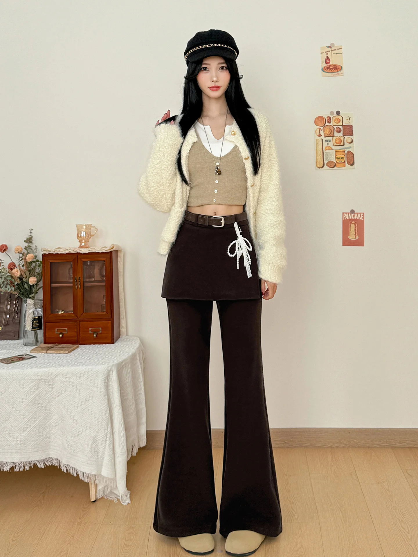 High Waist Fleece Lined Brown Casual Bell Bottom Pants Women's Summer 2026 New Style Slimming Drapey Fake Two-Piece Trousers