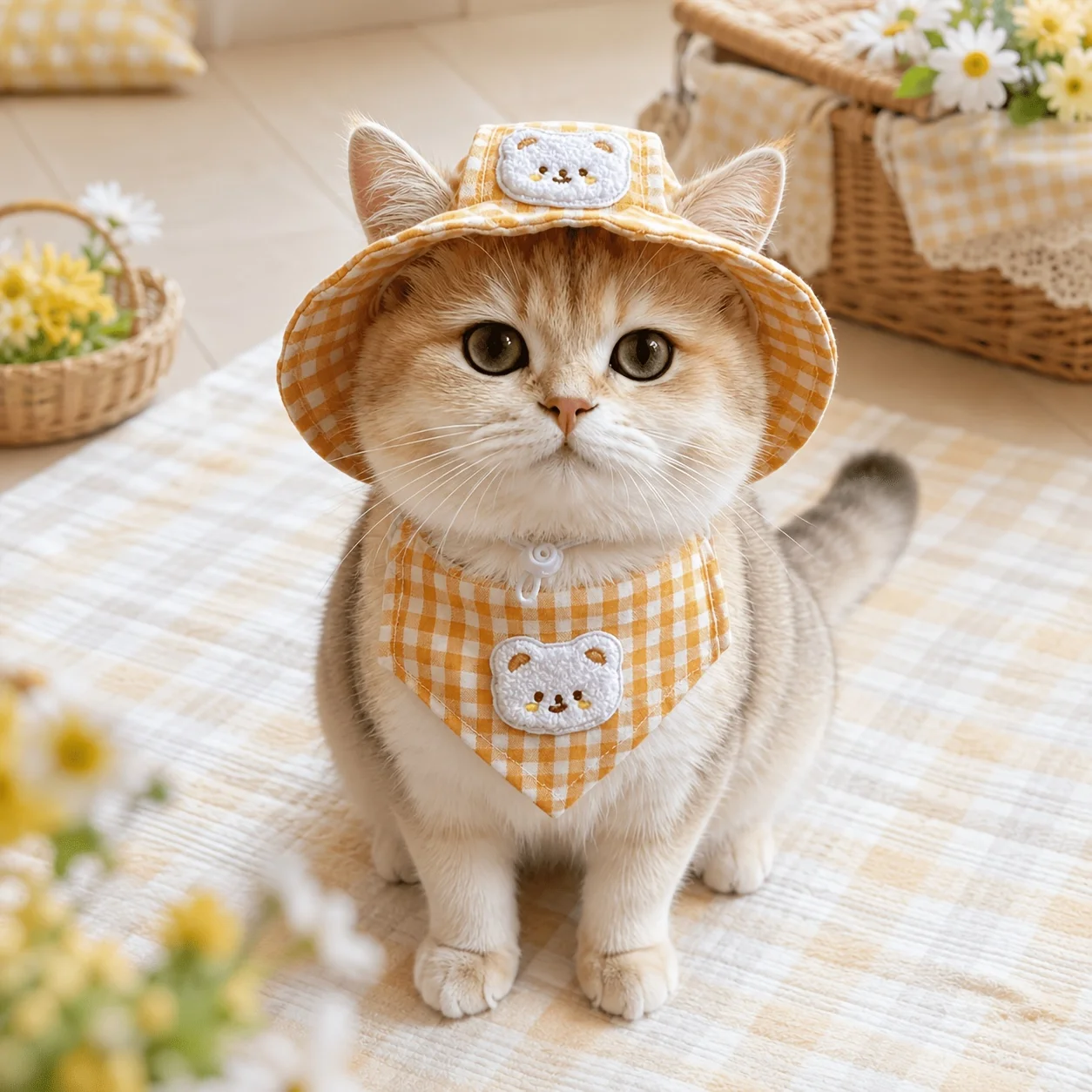Cute Cartoon Cat Dog Bucket Hat Breathable Adjustable Pet Sun Visor with Ear Holes Plaid Print Dog Cap with Bandana for Travel