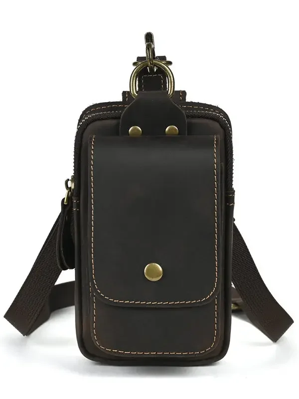 Crazy horse leather fanny pack, first layer cowhide outdoor belt, mobile phone diagonal span cigarette case bag