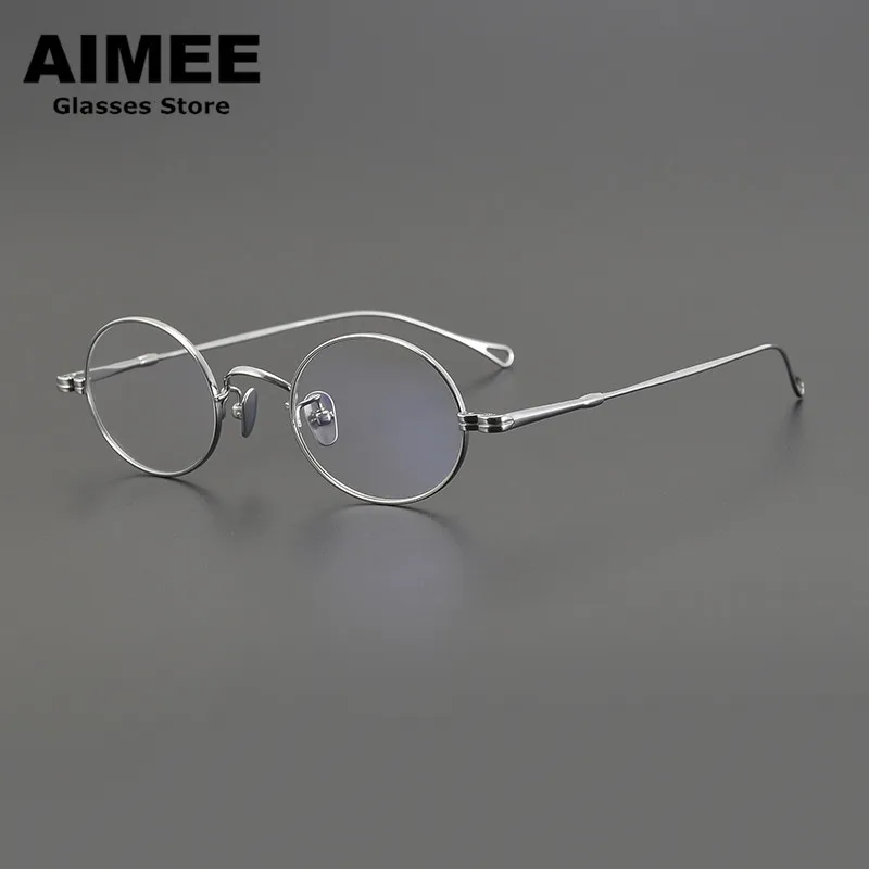 2024 New Small Oval Round Pure Titanium Glasses Frame Men Women Ultralight Eyeglasses Japanese Handmade Blue Light Spectacles