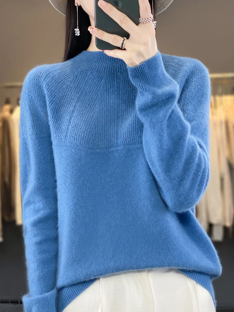 Women Sweater Autumn Winter Mock Neck Pullover 100% Merino Wool Hollow Basic Long Sleeve Cashmere Knitwear Korean Fashion Jumper