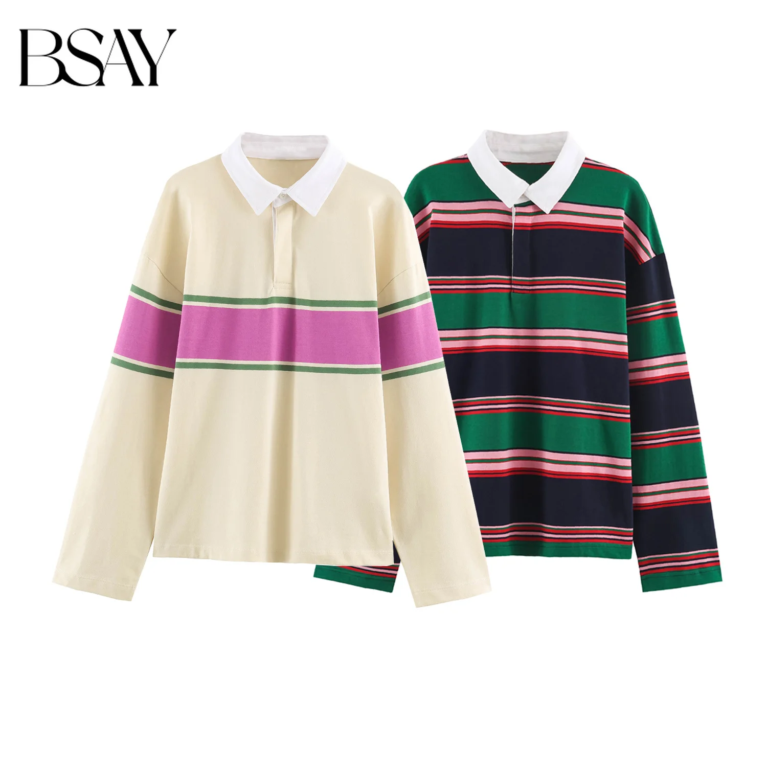 BSAY 2026 Autumn Preppy Retro Women Striped Color Block Polo Shirt Contrast White Collar Long Sleeve Loose Casual Daily Pullover