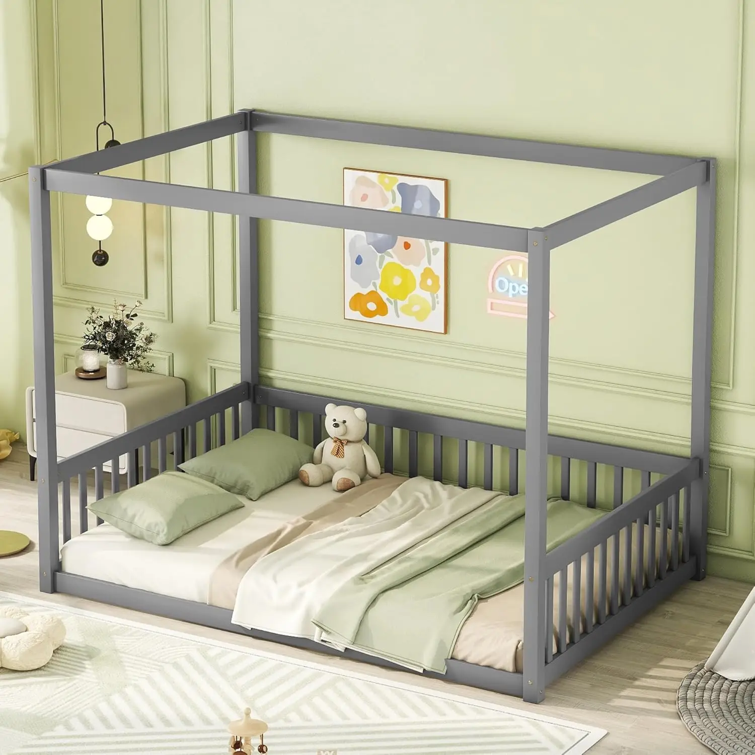 إطار سرير كامل الحجم مع درابزين، تصميم بأربعة ملصقات، سرير أرضية مونتيسوري للأطفال، خشب (كامل، رمادي)