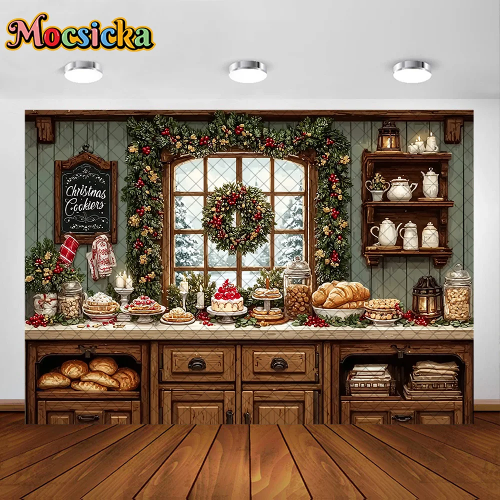 Mocsicka Photography Background Christmas Kitchen Sweet Bread Decoration Family Xmas Holiday Party Portrait Photo Srudio Props