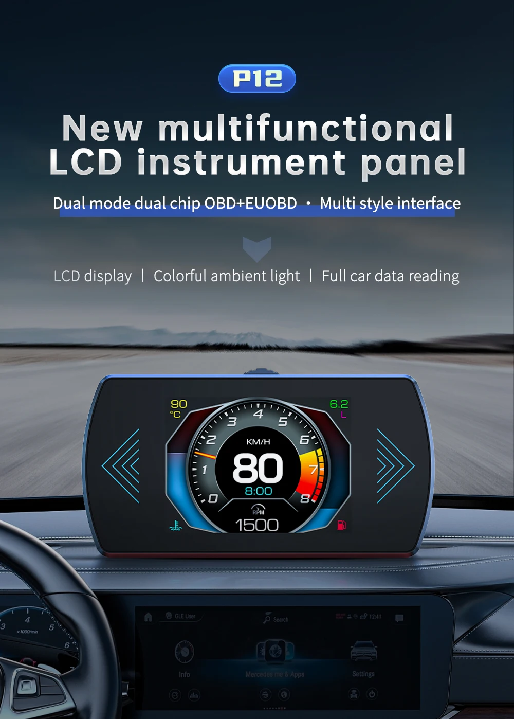 P12 Auto Head Up Display Für HUD OBD Digital Geschwindigkeit Meter On-Board-Computer Mit Übergeschwindigkeit Alarm Wasser Temp meter Spannung RPM – Detail 2