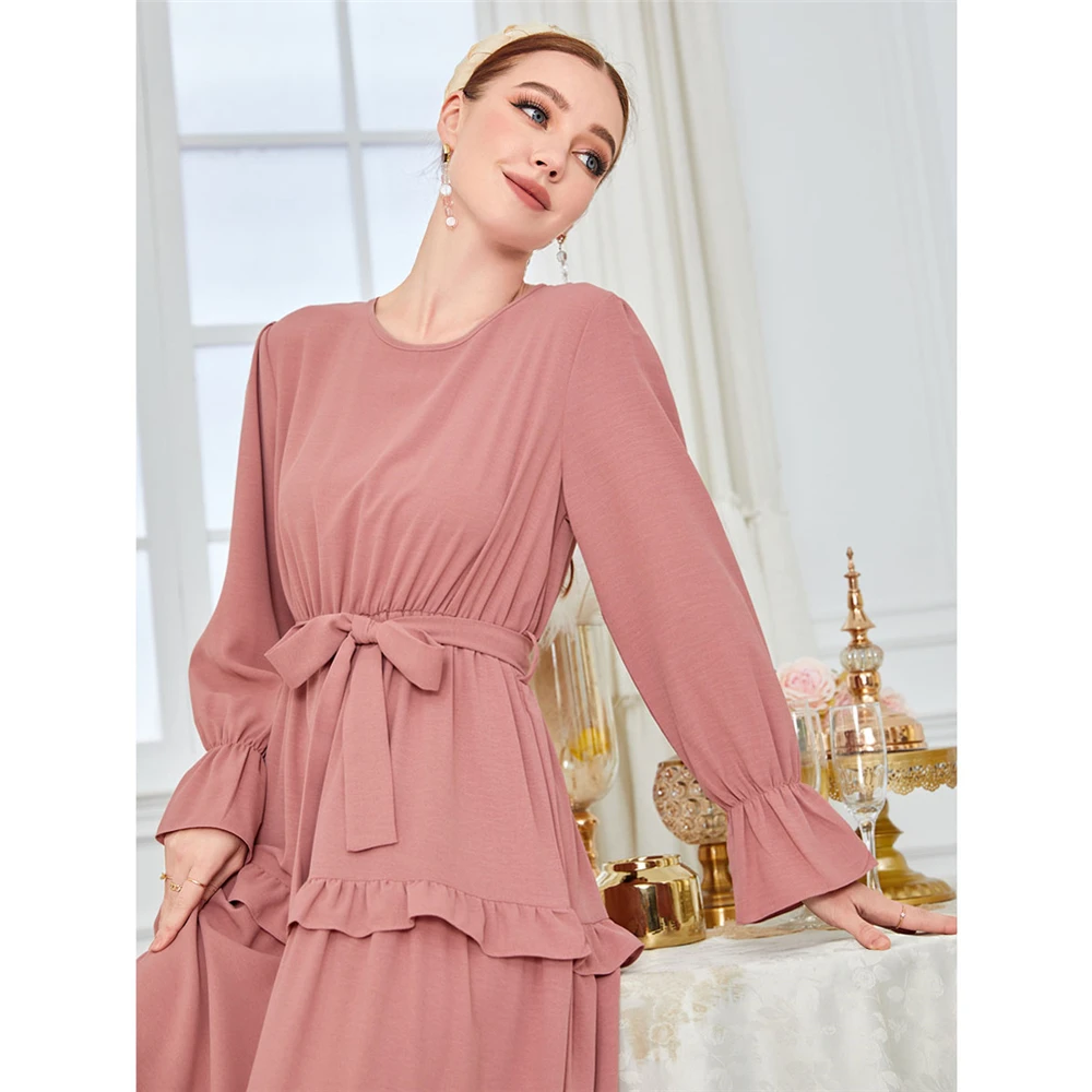 

Мода 2023 года, летнее мусульманское женское платье макси с длинным рукавом, кафтан с рюшами, Дубай, Турция, Абая, исламская одежда, Vestidos, кафтан, халат