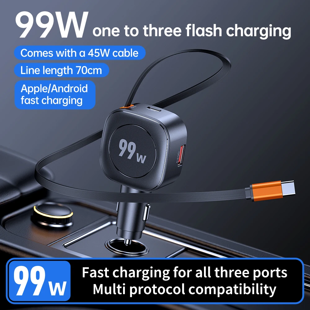 99W Retractable Car Phone Charger USB C PD 45W Fast Charging for iPhone 16 Pro Max, Samsung Galaxy S25 Ultra, Android