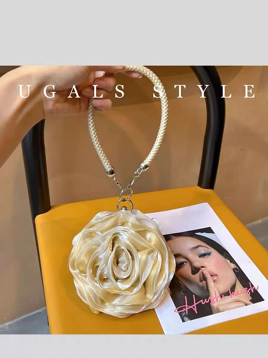 Fashion Women's Handbag Luxury Silk Satin Rose Flower Handmade Evening Bag Wedding Party Clutch Purse Shoulder Crossbody Bag