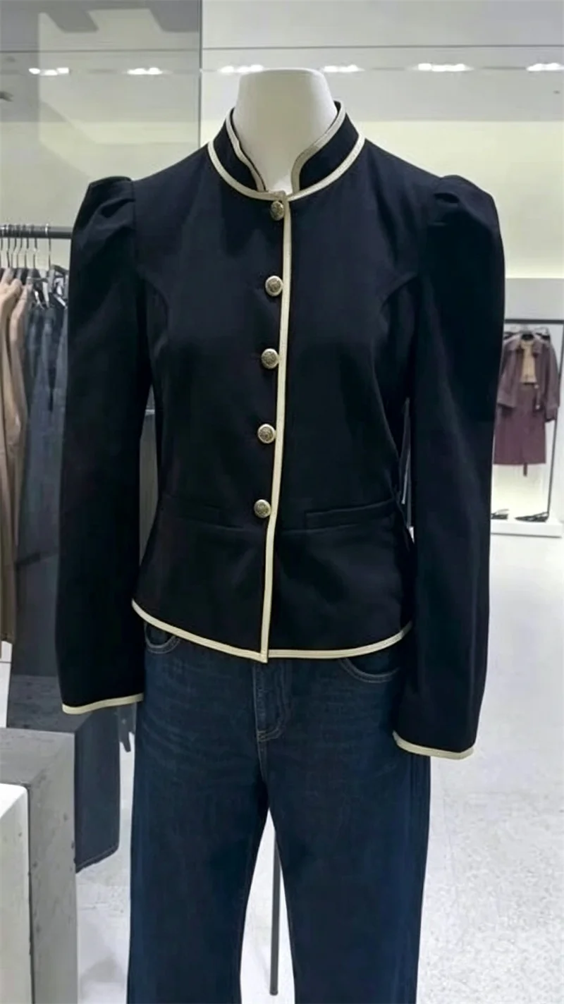 Guobioziy Women's Jacket 2026 Early Autumn New Style Fashionable Versatile Long-Sleeve Stand Collar Color-Blocked Trim Blazer