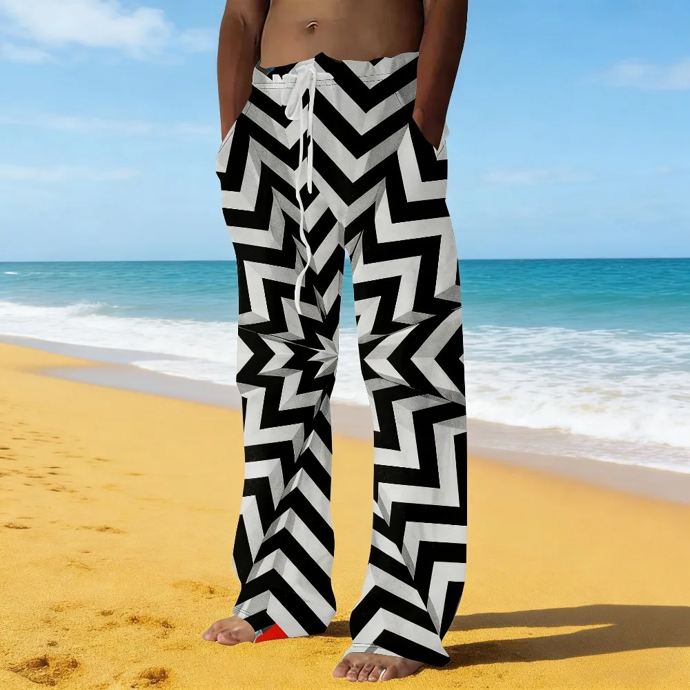 Vintage Style Men's Casual Pants Abstract Geometric Pattern Trousers Bohemian Drawstring Waist Relaxed Fit Summer Wide Leg Pants