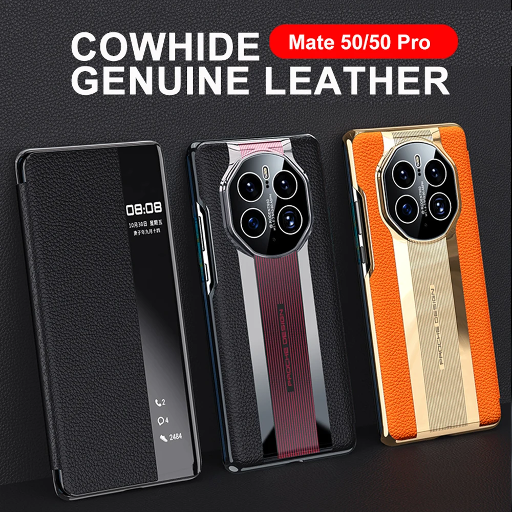 

Luxury Genuine Leather Flip Cover For Huawei Mate 50 Pro Case Original Porsche design Smart Touch View Wake Sleep Up Casing Capa