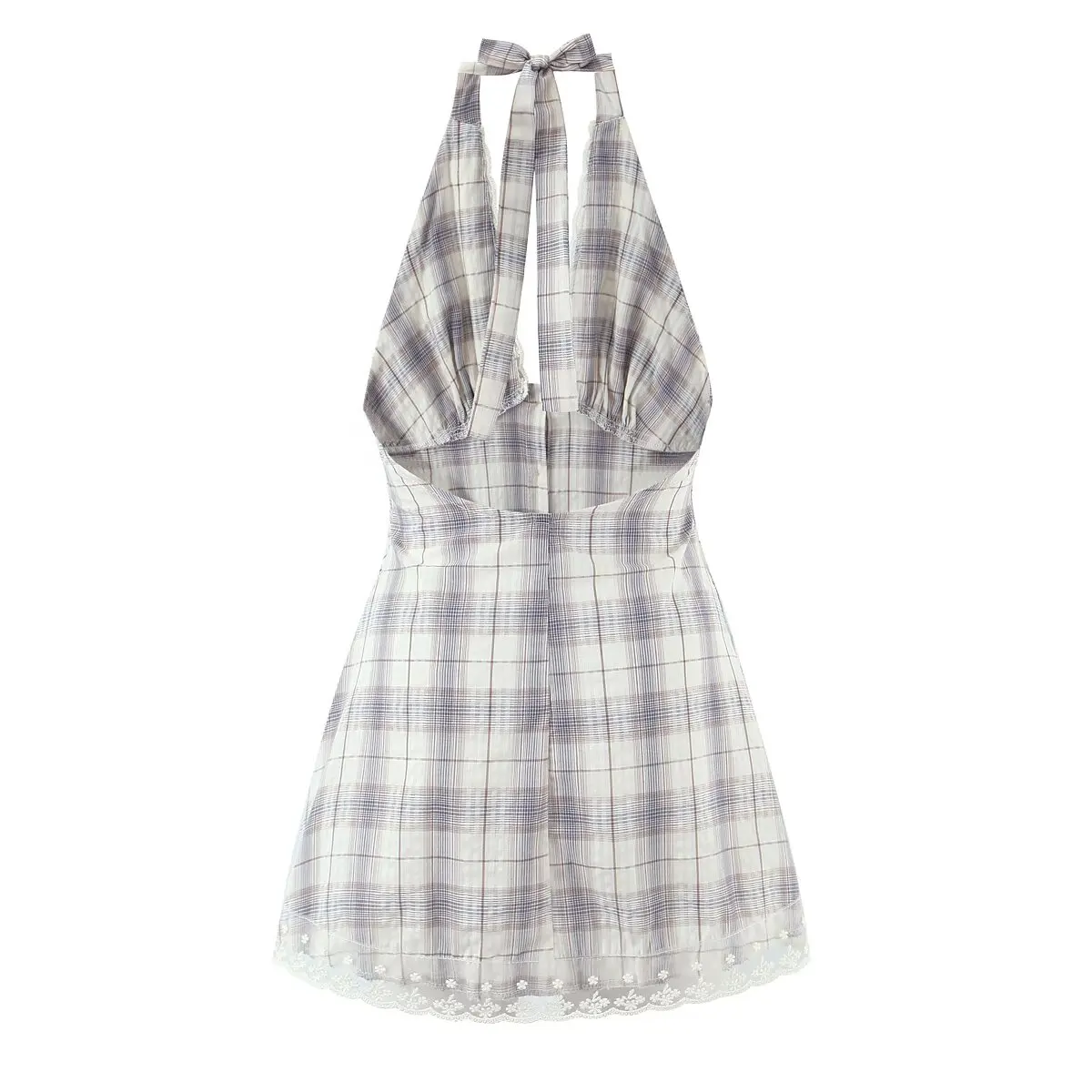 Sexy Front Open Buttons Plaid Spliced Lace Tie Bow Halter V Collar Mini Dress Women No Back Backless A-line Short Dresses Robe