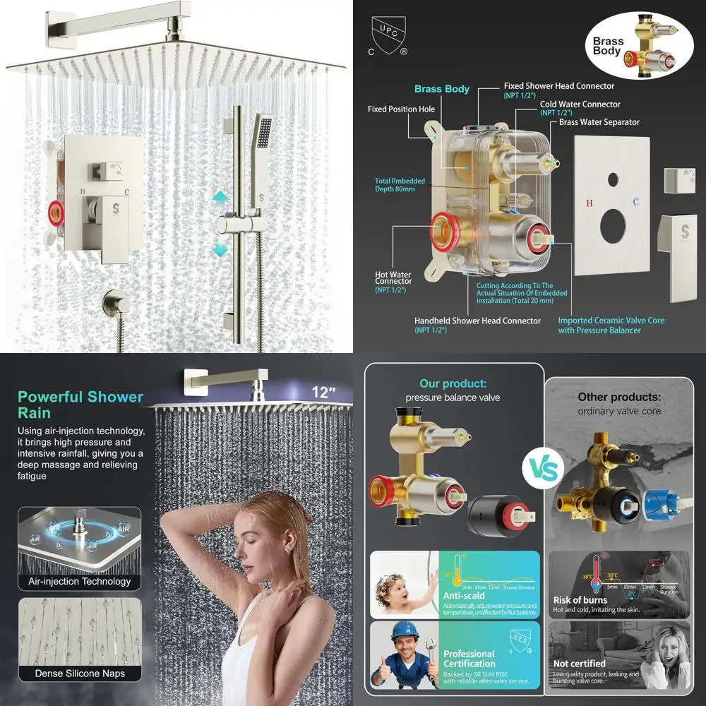 

Квадратный душ-тропический ливень 12 дюймов с выдвижной штангой и ручной лейкой, настенный комплект, отделка матовый никель