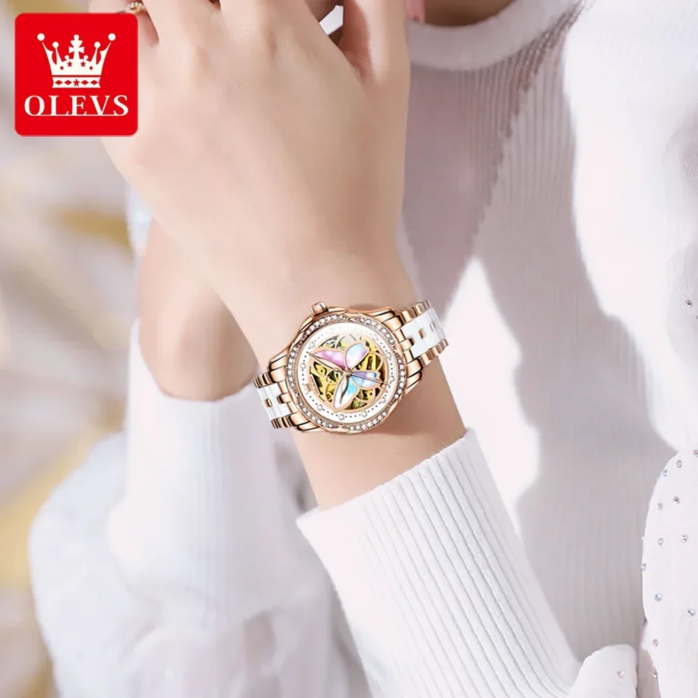 OLEVS High Quality Automatic Movement Womens Watch Ceramics Strap Skeleton Mechanical Wrist Watch Waterproof Watches for Women