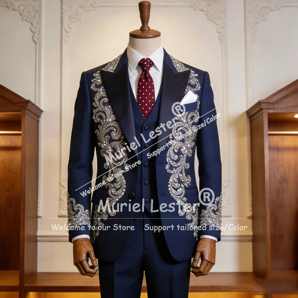 

Роскошный мужской костюм-тройка с блестящими кристаллами и бисером, индивидуальный пошив, однобортный смокинг для жениха, свадебный наряд, Ropa Hombre