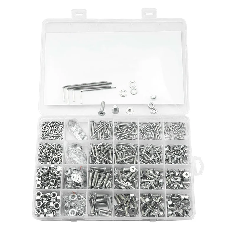 1220PCS M2 M3 M4 M5 304 Stainless Steel Hex Socket Head Screw Kit Flat Countersunk Allen Bolt Screw with Nut Flat Washer Set