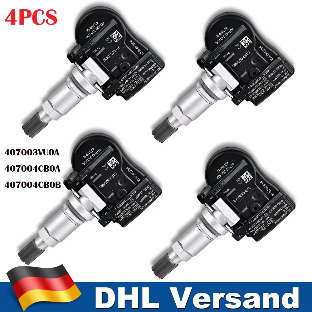 4 capteurs TPMS de pression des pneus de voiture de qualité supérieure, 433 MHz, pour Nissan 2019-2023 Micra V Note E12 NV200 Kasten X-Trail T32 Infiniti QX50 Altima 2014-2020 Renault Megane IV, système de surveillance de la pression des pneus, 407003VU0A 407004CB0A 407004CB0B