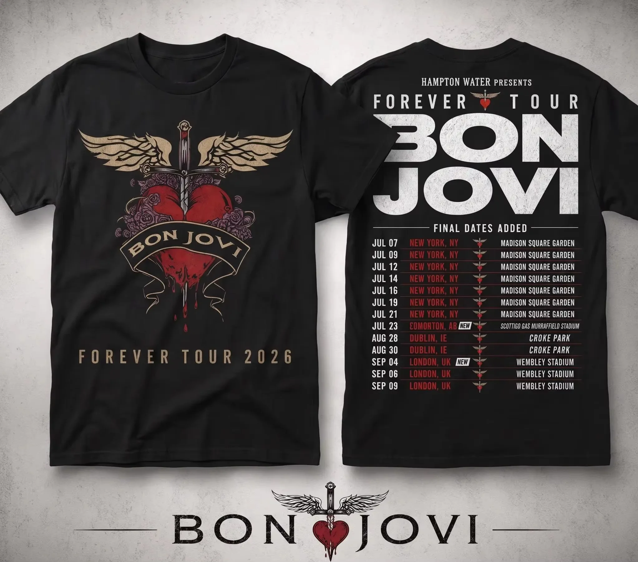 1 unidad. Camiseta de algodón con estampado gráfico de las alas de la daga del corazón de Bon Jovi, colección Forever Tour 2026. Diseño rockero, unisex, para hombres, mujeres y niños. Ideal para uso diario, para ir a l
