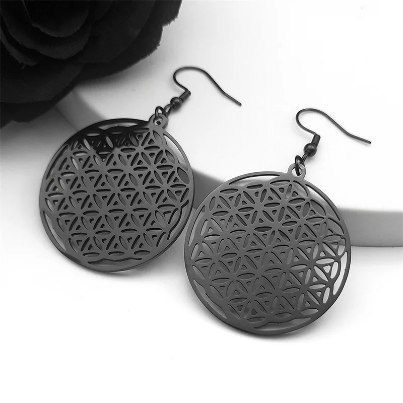 Flower of Life Stainless Steel Mandala Metatron Hoop Earrings for Women Sacred Round Long Black Dangle Earrings Jewerly  E450