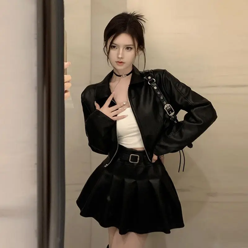 Pleated Leather Skirt Two-piece Set Y2k Women\'s Autumn Suit High Waist Harajuku Skirts for Women Gothic Mini Black Clothing