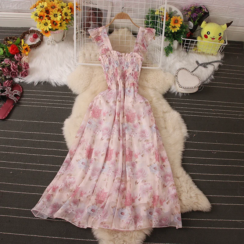 

Girl's Sweet Holdiay Strap Dress Women Summer New Chic Boho Floral Print Dress Waist Thin Sleeveless Mesh Fluffy Dress Vacation