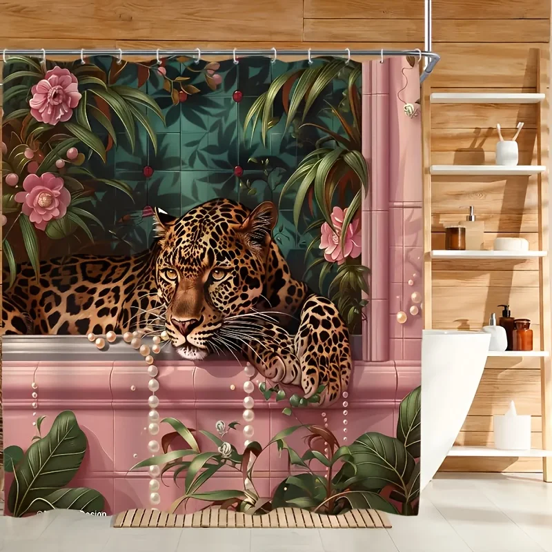 A Tropical Leopard Shower Curtain: Transform Your Bathroom into a Luxurious Jungle Oasis with This Stunning Design Featuring - view 2