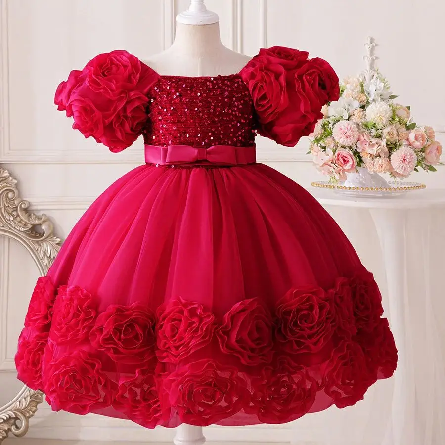 Kinder Mädchen Kleidung Puffärmel Blume Prinzessin Spitzenkleid für Kinder formelle Hochzeit Geburtstag Bankett Abendkleid 2 bis 6 Jahre