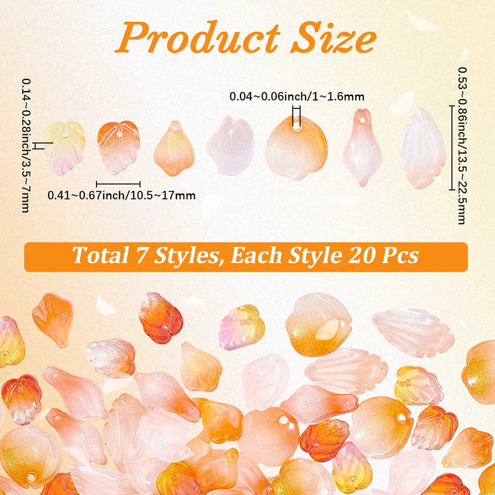 1 Box 140pcs 7 Styles Orange Red Flower Petal Beads Leaf Transparent Flowers Petals Glass Floral Leaves Spacer Bead Charm
