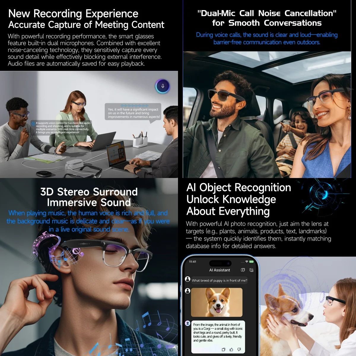 نظارات AI الذكية 8MP بلوتوث مقاومة للماء IP66 مع تسجيل الفيديو التعرف على الصور ترجمة 290 مللي أمبير في الساعة نظارات للاستخدام اليومي
