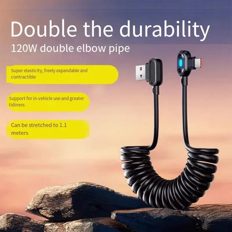 6A Dual Bend Spring Fast Charging Cable USB C Super Speed Data Line Desk Drawer Pull Out Easy Reach Plug