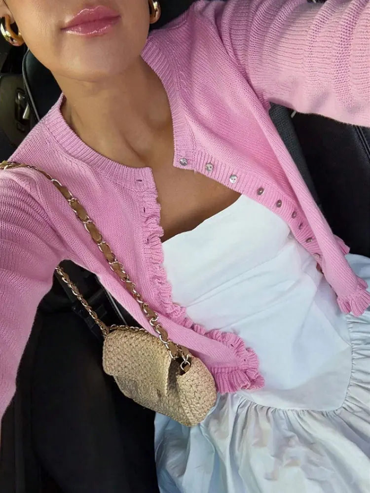 New Wrinkles Border Round Neck Sweater Cardigan Ruffled Long Sleeve Tops Autumn Women's Clothing Blouse Fashion Items Top Jacket