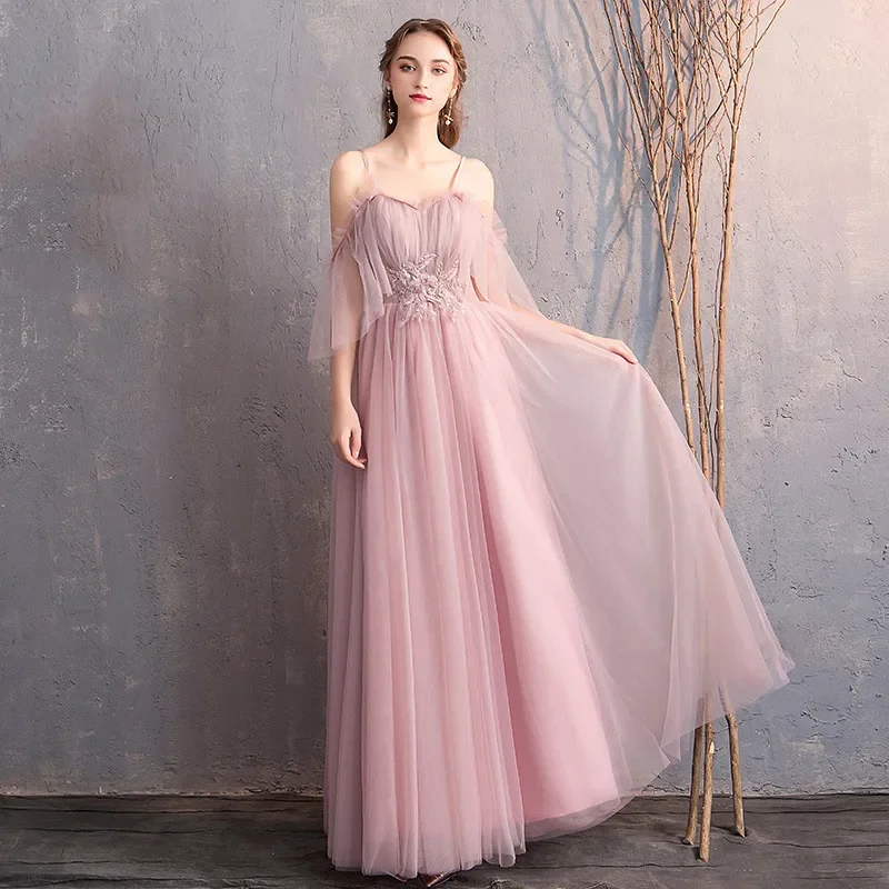 Evening Dress Pink Tulle Appliques O-neck Short Sleeves A Line Floor Length Plus size Lady Party Formal Gown Robe De Soiree R001