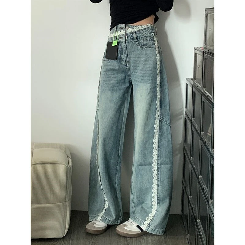 Dames jeans met kanten randontwerp, rechte wijde pijpen, gepersonaliseerde broek, cool girl casual bodems, vrouwelijke straatdenimbroek