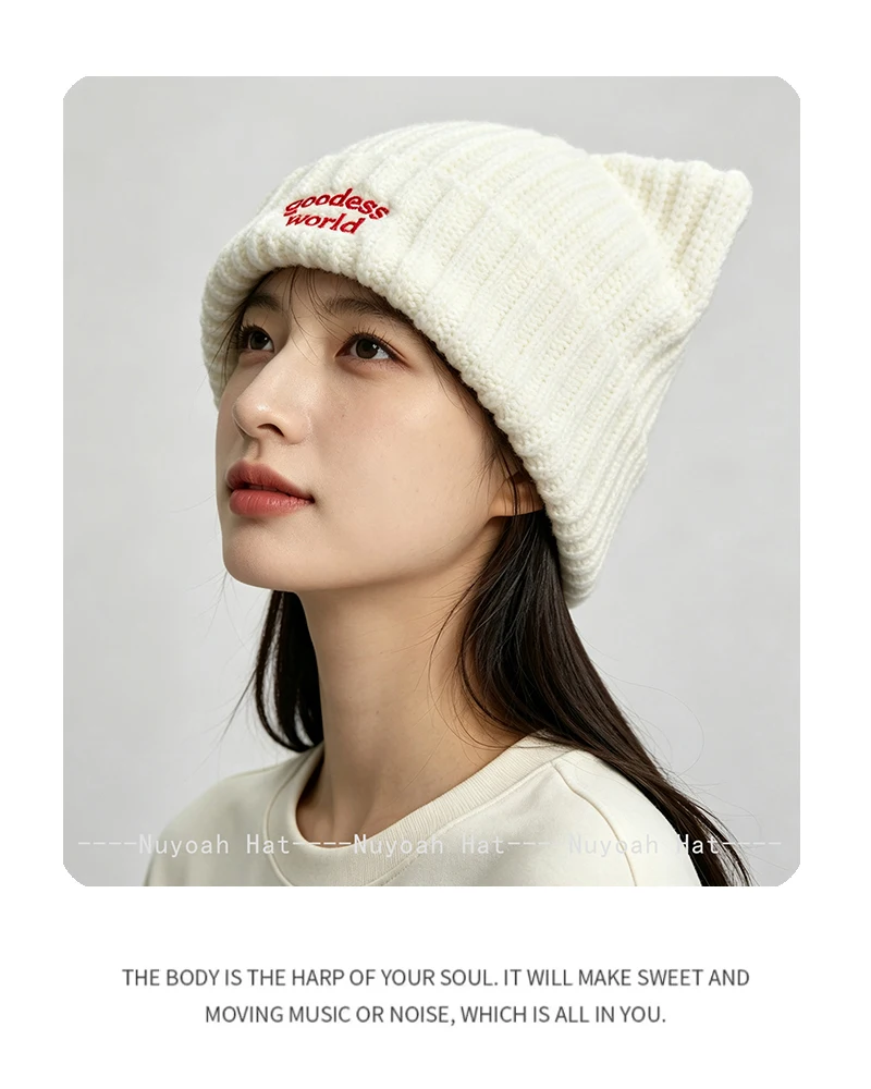 Neue Herren- und Damenmützen im koreanischen Stil mit Buchstabenstickerei und Katzenohren, warme, vielseitige und individuelle Beanies im Retro- und Ins-Stil – Detail 7