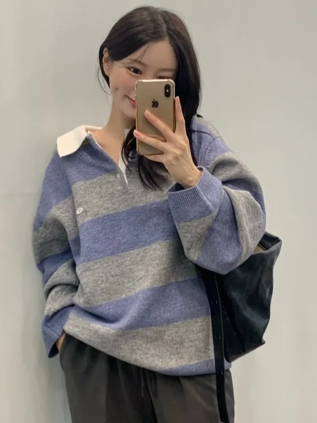 

Fall 2025 Women's Faionable Lazy Sle Knitted Sweater Collar Striped Color Blo Soft Matched Colors Autumn ential