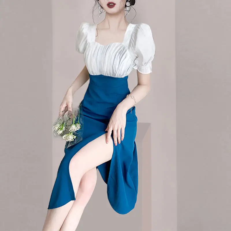 

summer new square neck bubble sleeve chiffon splicing medium length A-line long dresses for women Mid-Calf Square Collar