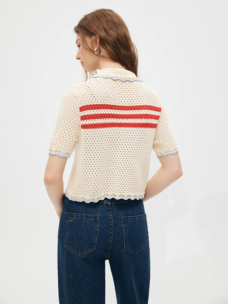 Nowość 2024 Summer Women Sweet Girl Knit Tees Hollow Out Striped Buttons Fastening High Street Chic Oszałamiająca moda Design Trendy