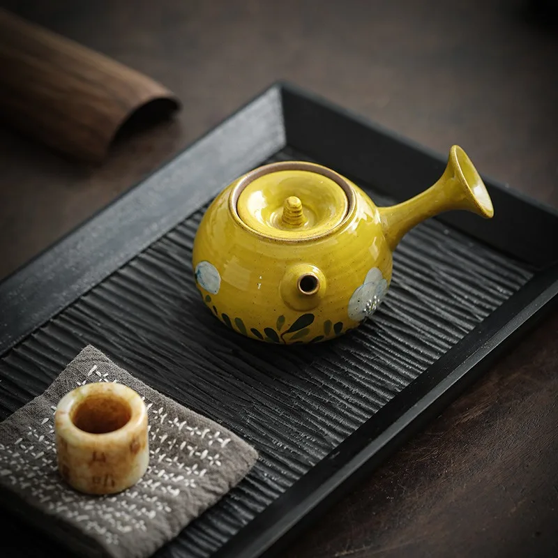 Hand-painted camellia ceramic teapot, single pot, underglaze color side handle pot, small capacity, one-person household tea set