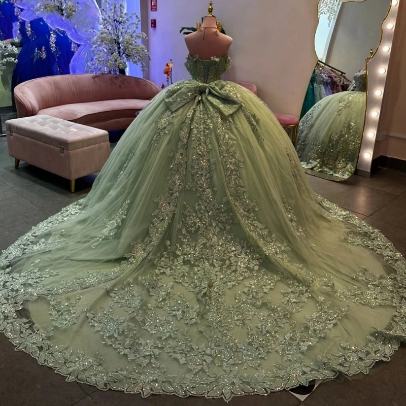 Мексиканское шалфейное зеленое платье Quinceanera по индивидуальному заказу, бальное платье с цветочной аппликацией и скользящим шлейфом, женское вечернее платье для выпускного вечера, Vestido De xv Anos