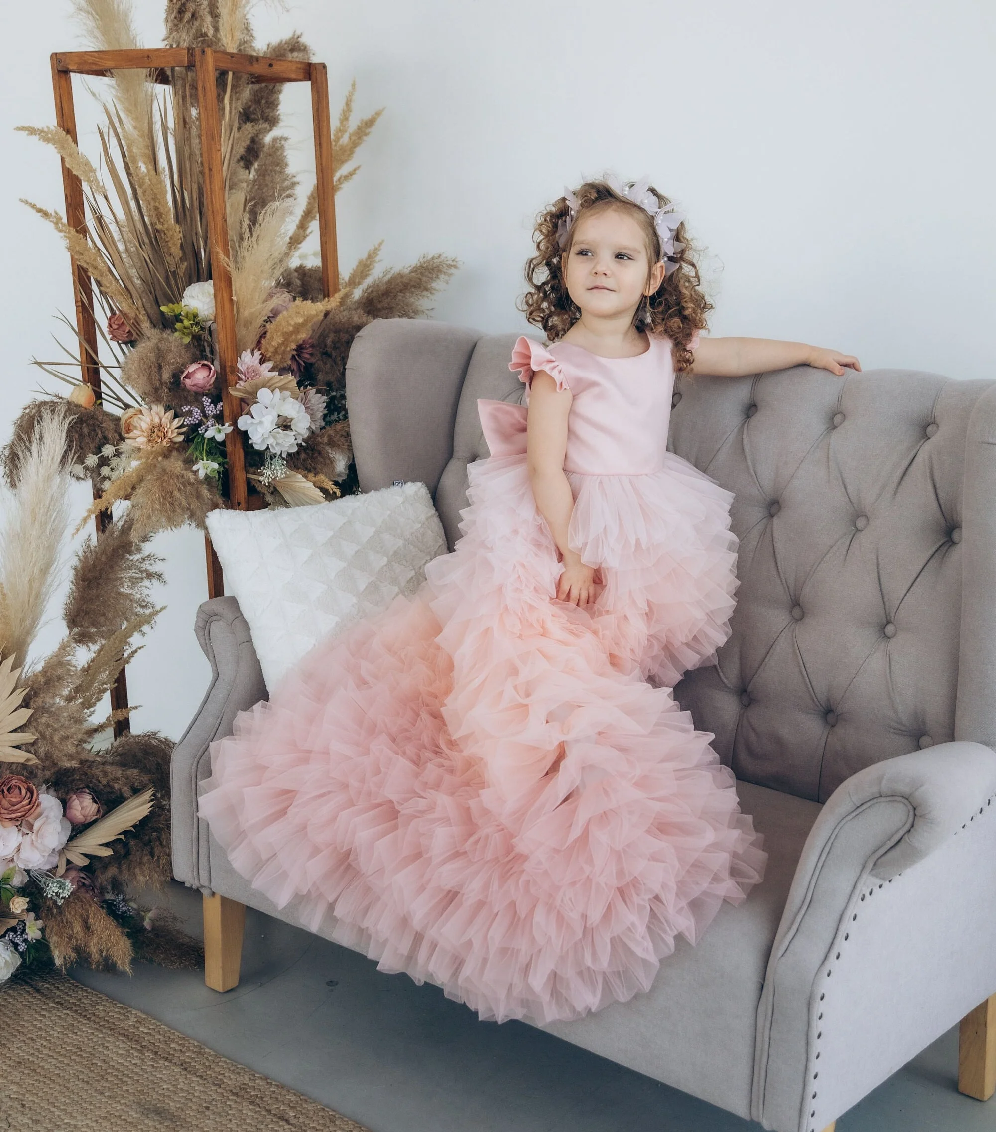 Blush Pink Gorgeous First Year Birthday Party Abito da bambina con strascico per bambino Tulle soffice abito da ragazza di fiori per matrimonio