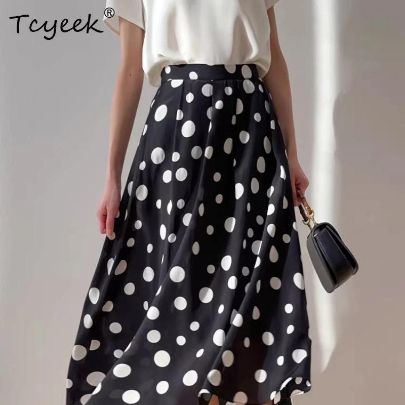 Tcyeek Women Dots Skirt, 100%Silk Crepe De Chine, A-Line Printed Long Skirts, 2024 Spring Summer Bottoms, Black