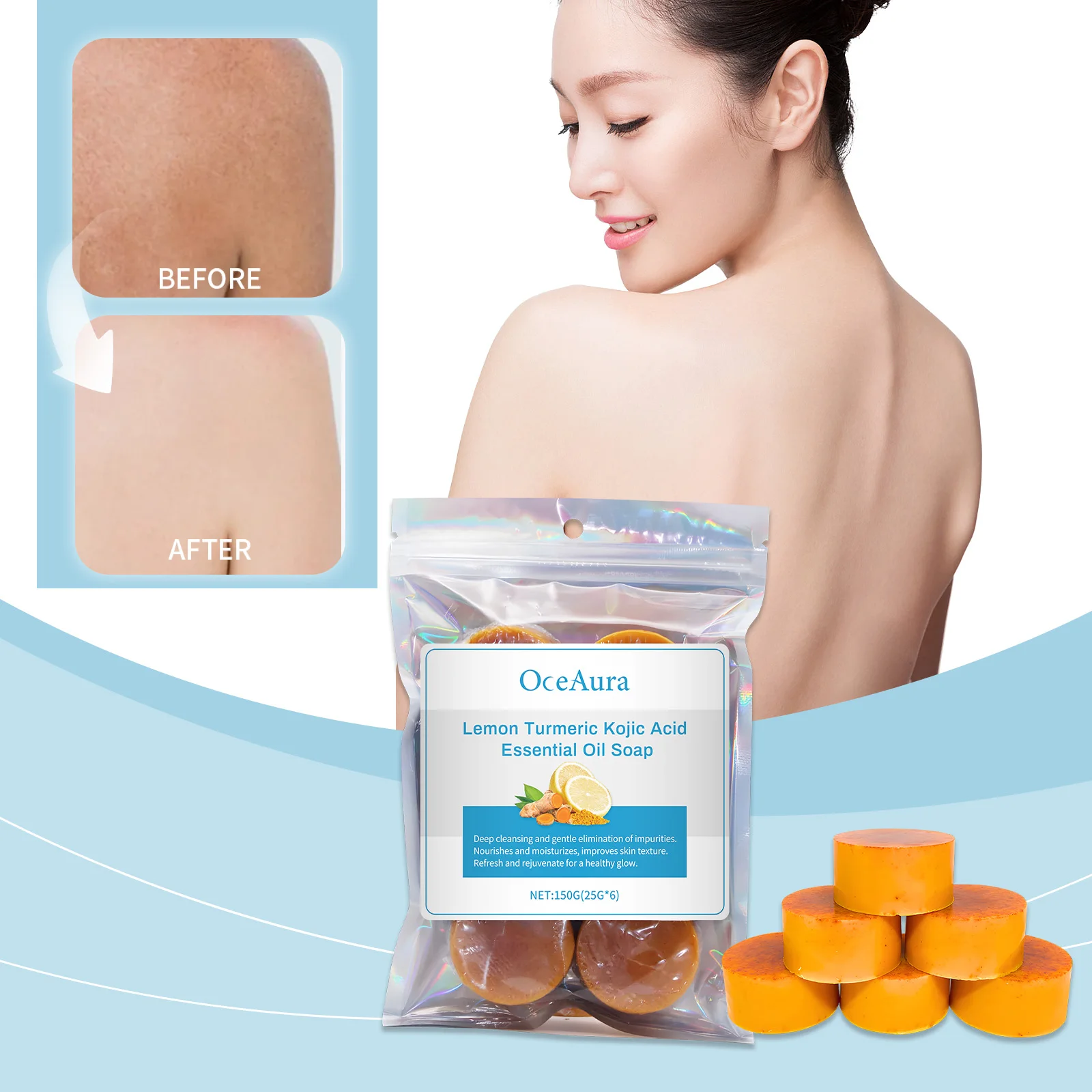 レモンターメリックコウジ酸石鹸 150g - 輝く肌のためのブライトニングバー、ダークスポットトリートメント、ディープクレンジング、保湿、ビーガン