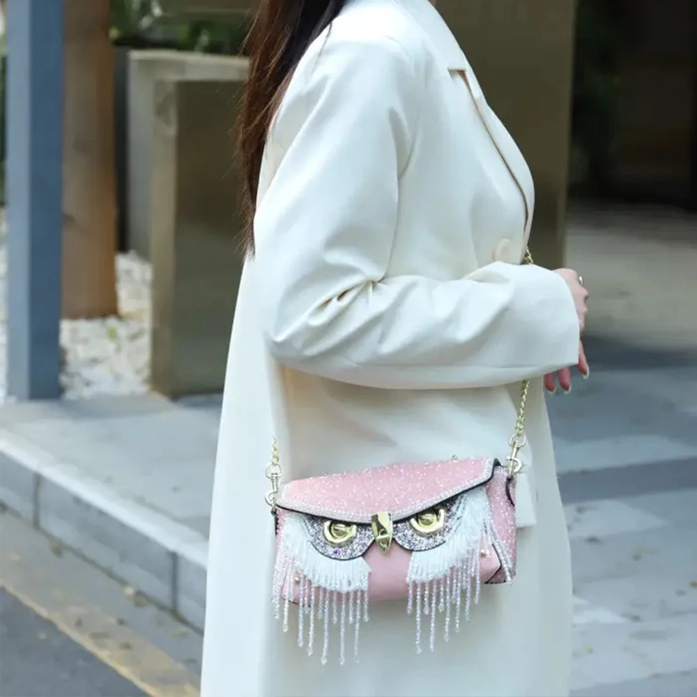 2024 Fashion Owl Diamond Chain Tassel Banquet Bag Luxury Shining Handmade Crossbody Bag for Women