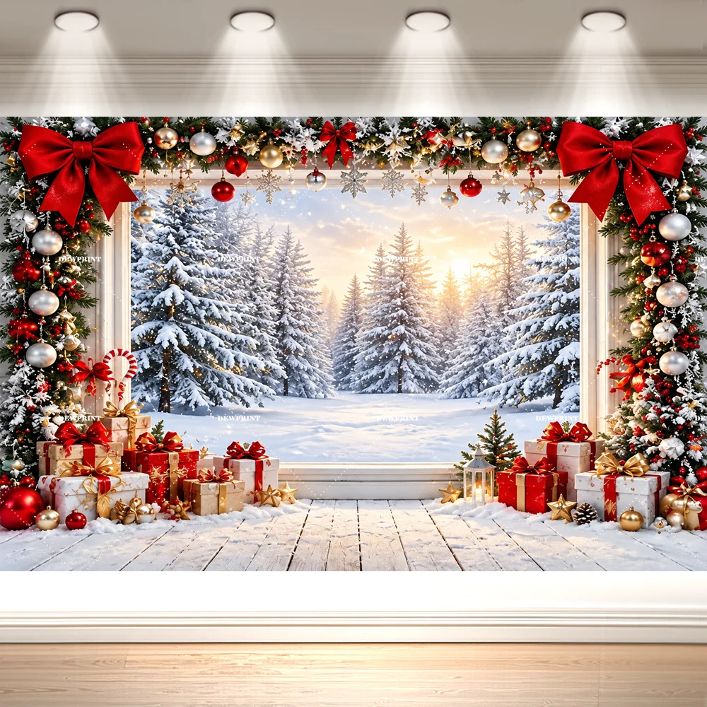 Christmas Snow Forest Backdrop Red Bows Pine Garland Gift Boxes Winter Wonderland Holiday Party Photography Background Decor