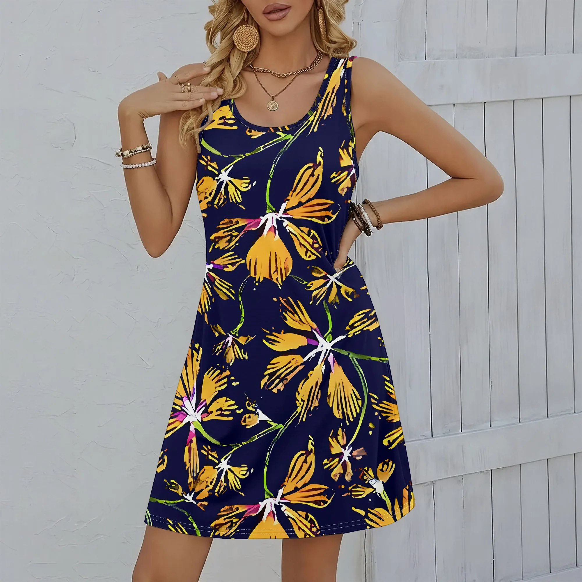 Summer Women's Sleeveless Dress, 3D Printed Patterned Dress, Fashionable And Casual Style。